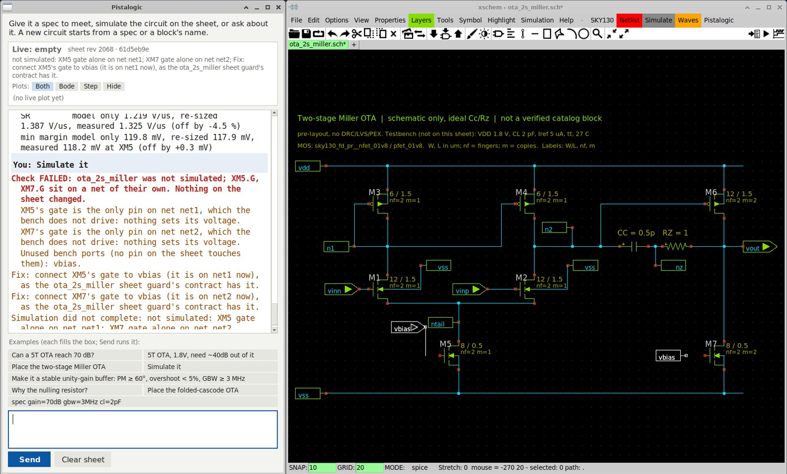 Pistalogic refusing to simulate a schematic with two floating transistor gates, naming each fault and the fix