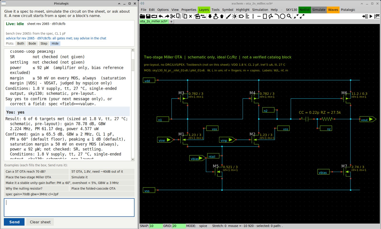 Pistalogic reading back a typed op-amp spec, sizing a two-stage Miller OTA and drawing it in xschem with six of six targets met